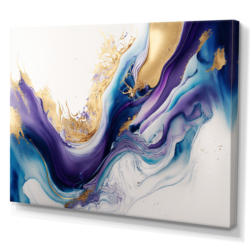 «Blue, Gold and Mauve Splash Paint III», peinture sur toile, Toile tendue, H 12 po x l 20 po x P 1 po