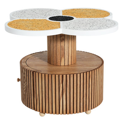 Accent Table With Four - Leaf Clover Design, Rustic Interior, Resin Bound Gravel, 17 Inches High Unique For Small Spaces, Contemporary Style, To Scratches, Wood Grain Base