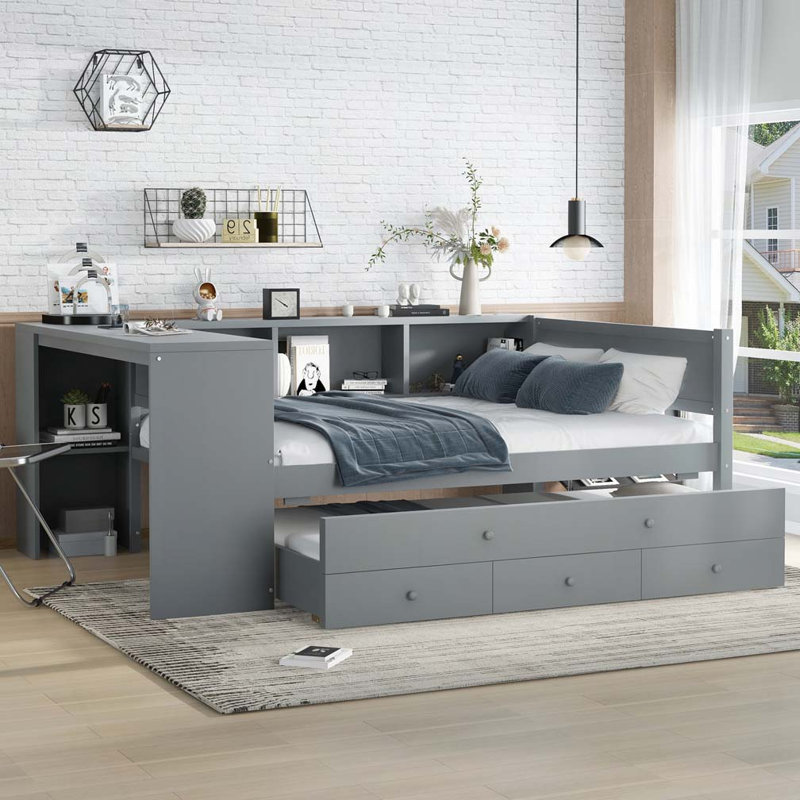 Full Size Daybed with Trundle, Gray, Full