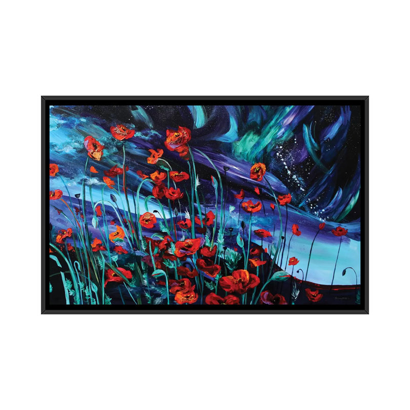 «Cosmic Poppies», reproduction sur toile, H 18 po x l 26 po x P 1,5 po, Toile avec cadre noir, Pas de tapis
