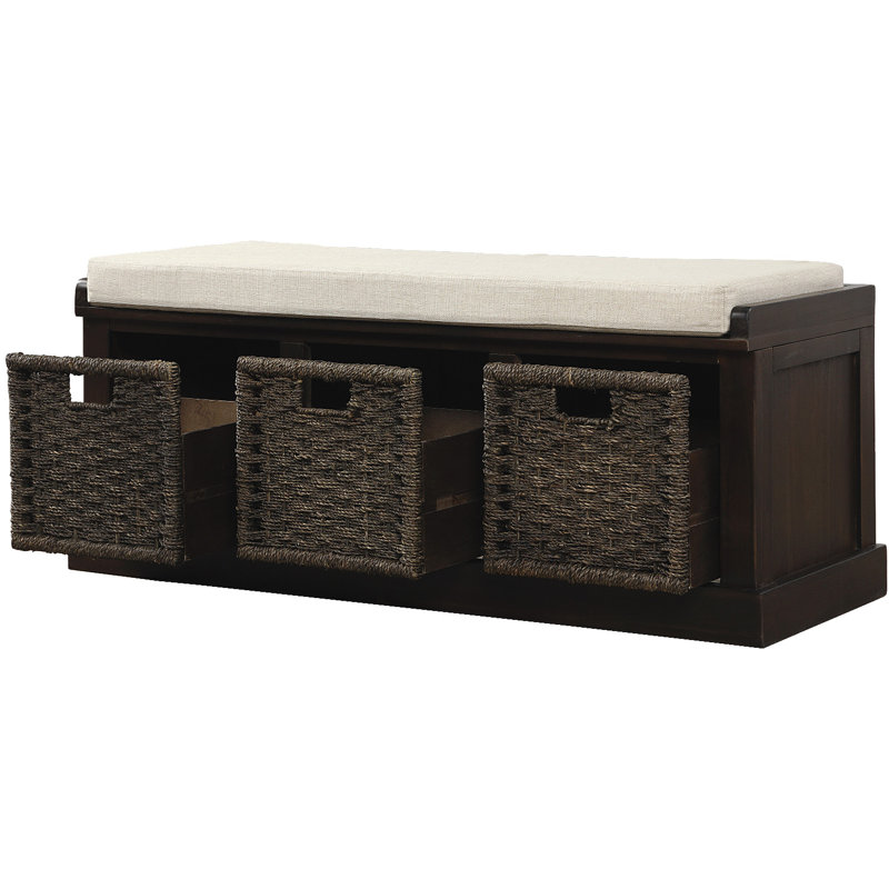  Banc de rangement rustique avec 3 paniers en rotin amovibles et coussin pour l'entrée ou le salon, Brun