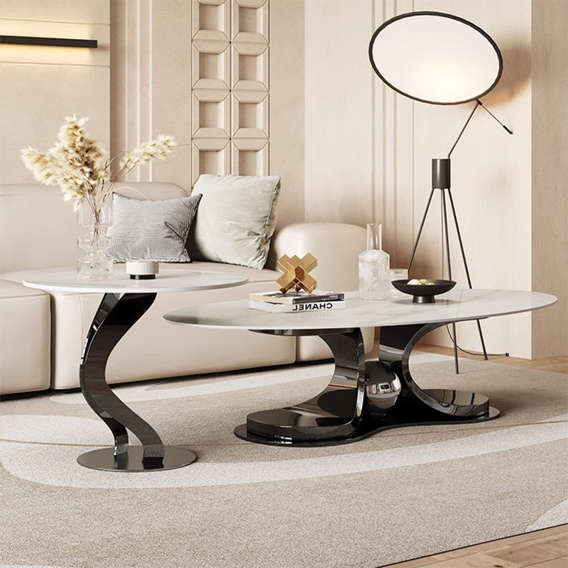 Ensemble de tables basses ovales en pierre frittée noir et blanc + métal, White / Black, 18.9" H x 66.93" W x 27.56" D