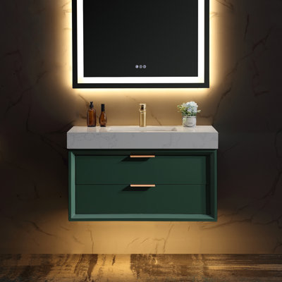 Meuble-lavabo mural moderne en bois massif 36 po avec comptoir en pierre et lumière DEL 36 po