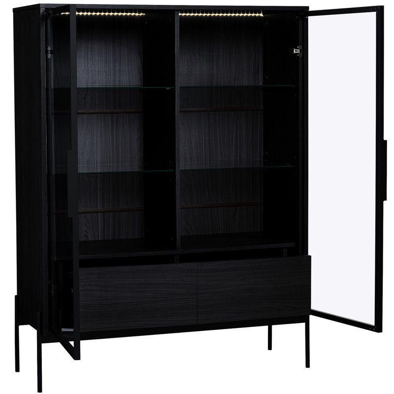 51.2'' Tall Led Cabinet With Tempered Glass Door And Metal Legs - Contemporary For Living Room, Office, Study, Black Lighted Storage Unit Modern Style Home,