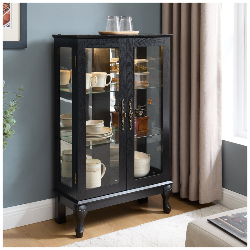 Vitrine rétro noire avec portes en verre et lumière DEL - Vitrine antique avec dossier en miroir et tablettes réglables pour le décor du salon