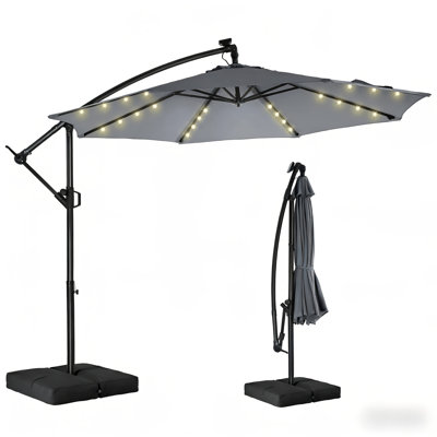 120'' Cantilever Umbrella Cantilever Umbrella with Light And Base, 10Ft Solar Lights Offset Cantilever Patio Umbrella Sun Shade, LED Solar Lighted Offset Hanging Patio Outdoor Market Umbrella, UPF50+ UV Protection with Easy Tilt And Crank