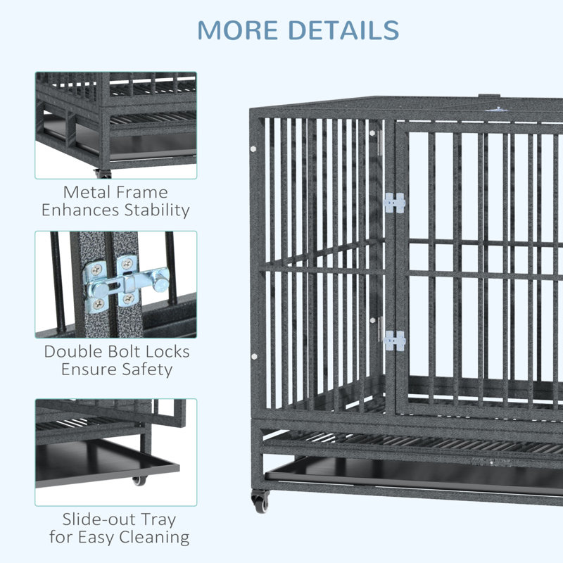 Large Gray Rolling Metal Dog Crate with Double Doors