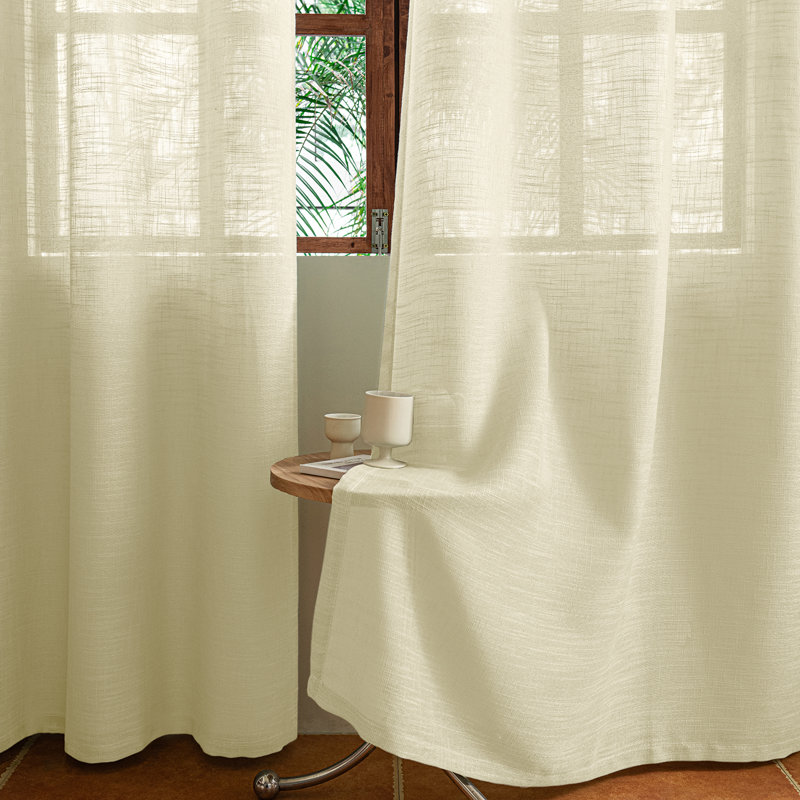 Heavyweight Faux Linen Sheer Curtain Panels Textured Slub Light Filtering Privacy Grommet Curtains for Farmhouse Living Room Warm Beige 55x108inch