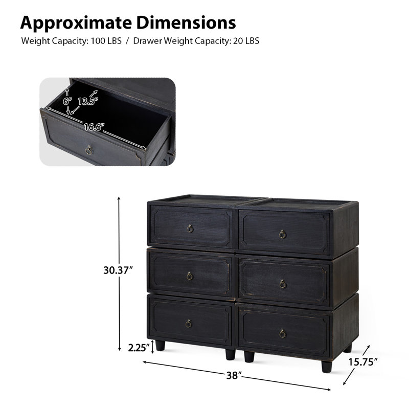 Aivery Farmhouse 2 - Drawer Solid Wood Modular Transitional Nightstand with Antique Bronze Handles, Black