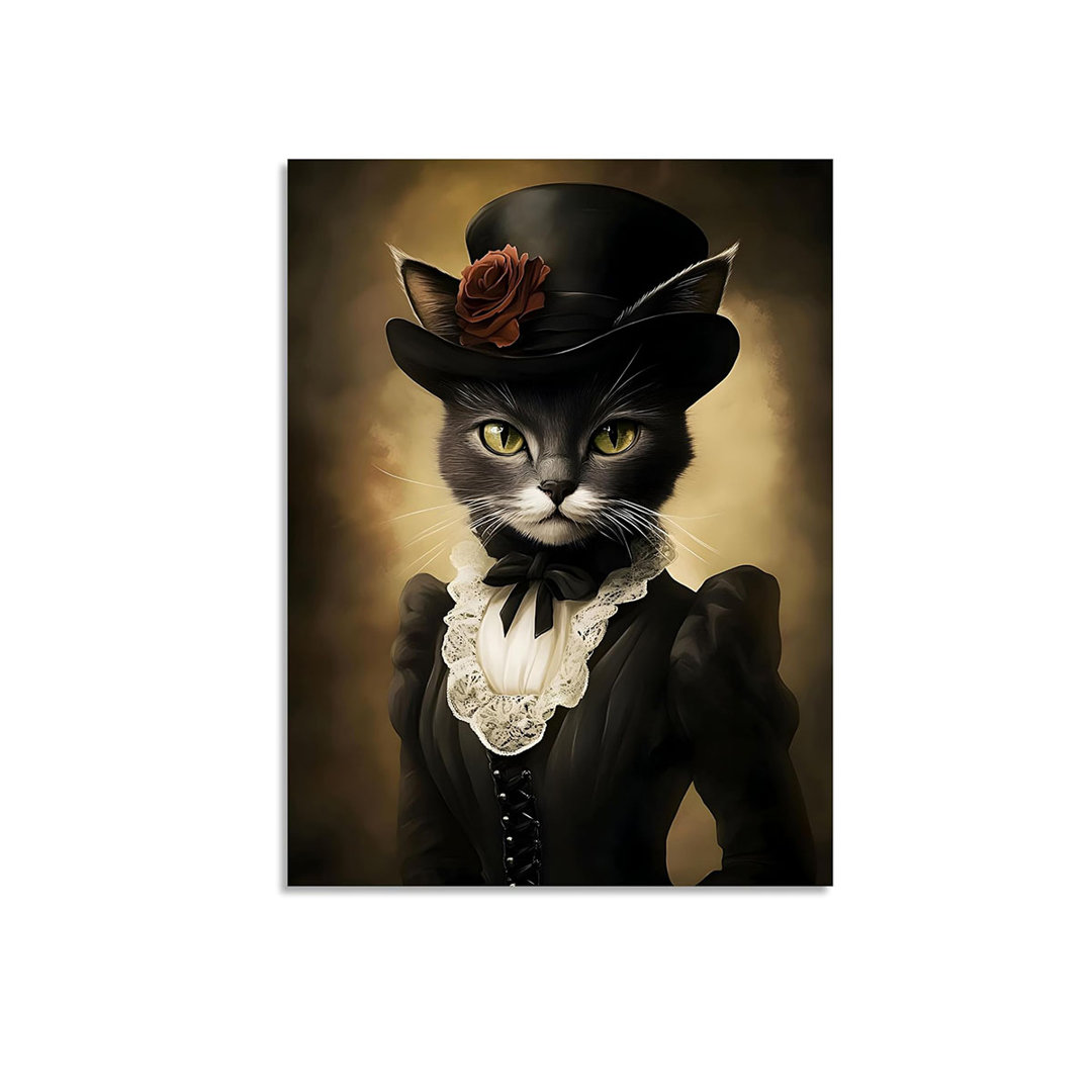 Gothic Lady Cat Wall Art Funny Cat Poster For Wall Halloween Lady Cat Portrait Painting Wall Art Gothic Wall Art Funny Black Cat Picture Cat Prints Fo