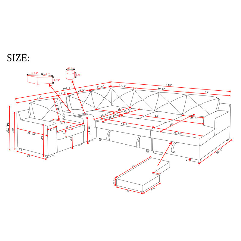 Sleeper Sectional Tufted Sofa Bed With Storage Chaise, Black Chenile
