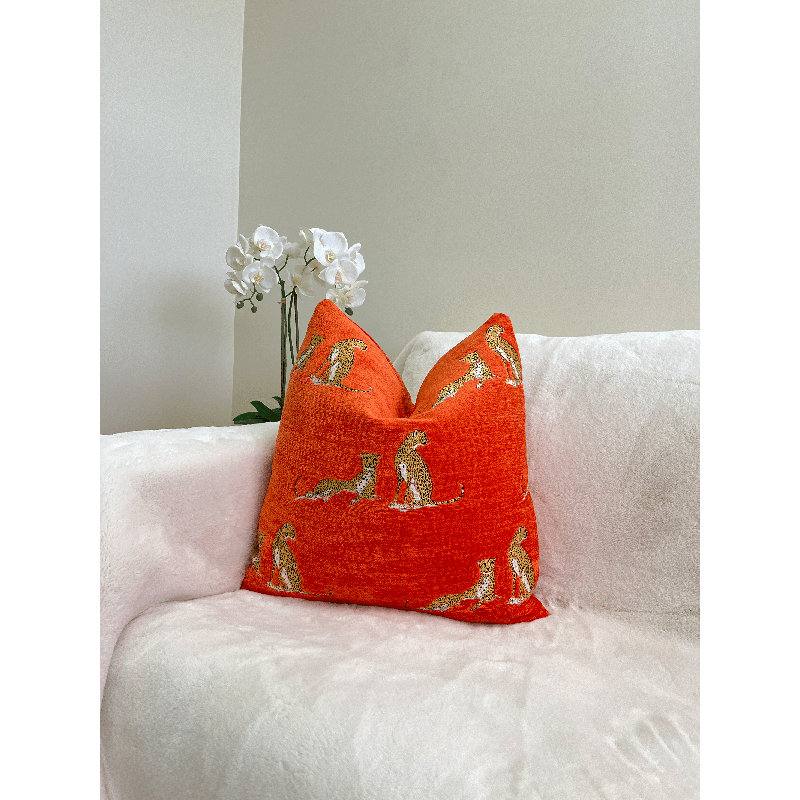 Embroidered Cheetah Chenille Throw Pillow Cover, Orange, 22" H x 22" W