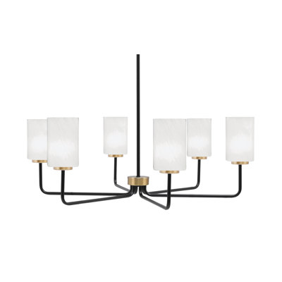 Lustre 6 lumières Amarmula, noir mat et laiton vieilli, verre marbré blanc 4 po