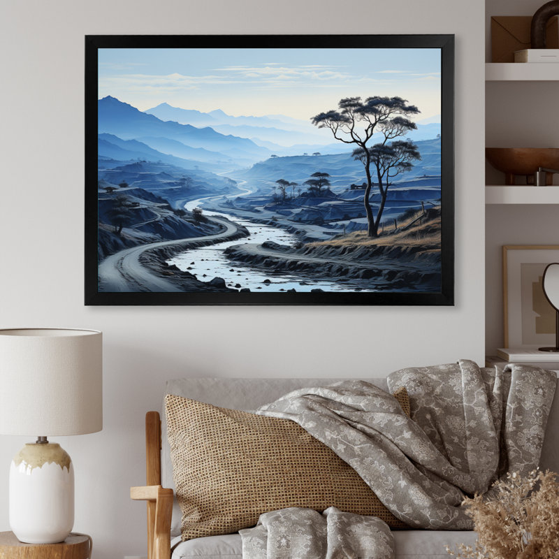 «Méandre bleue route sans fin III», reproduction sur toile, H 12 po x l 20 po x P 1 po, Cadre simple noir