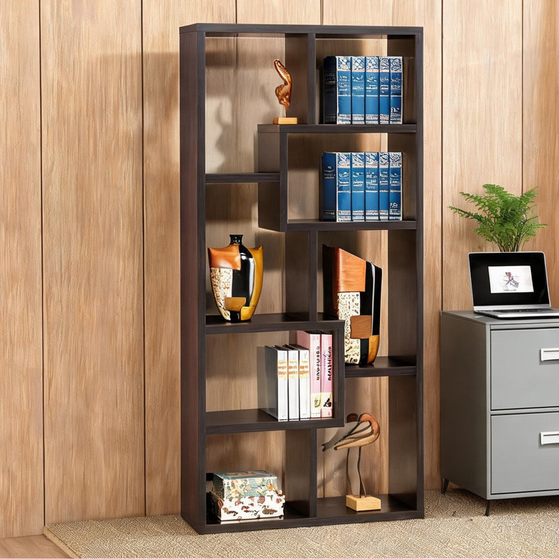 Solution de rangement pour salon : bibliothèque géométrique à 8 étagères, assemblage requis, Brun