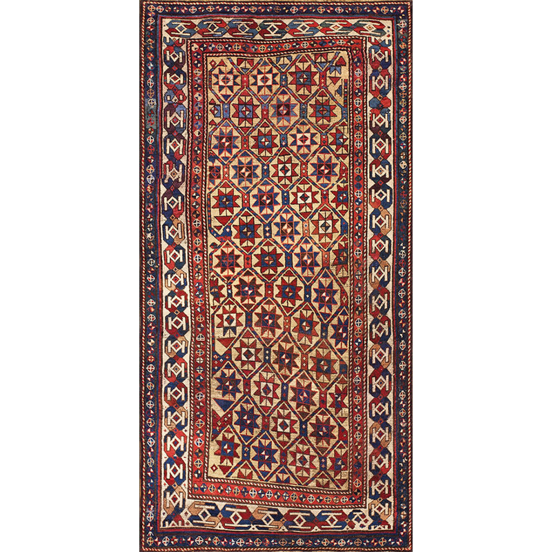 Yellow Antique Tribal Geometric Caucasian Star Design Kazak Rug