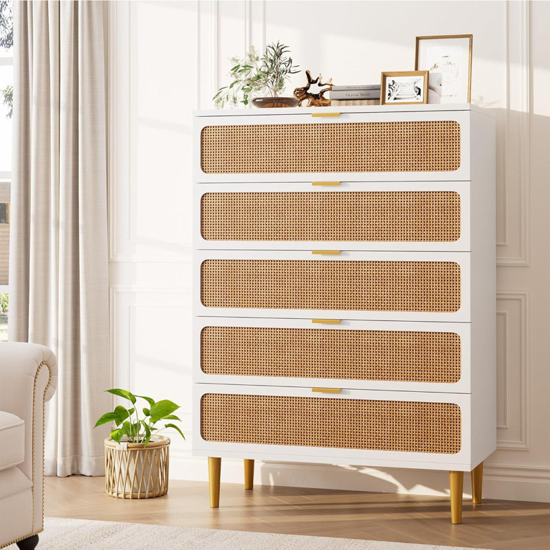 Commode 5 tiroirs Rattan, Blanc