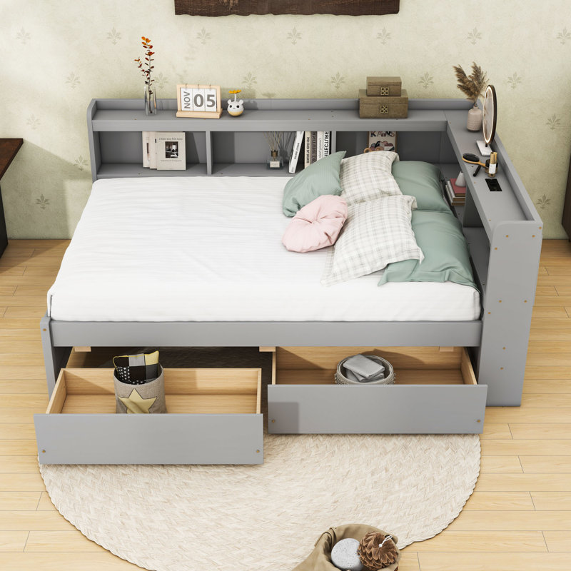 Lit de jour en L avec ports de chargement USB et 2 tiroirs de rangement, Gris