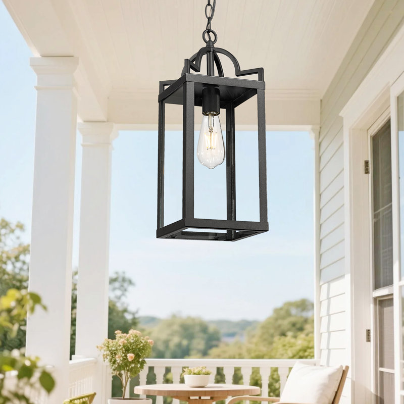 Outdoor Pendant Hanging Light, Black Farmhouse Exterior Lantern For Porch, Patio, Entryway Ceiling Mount (17.3" H)