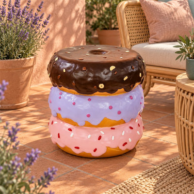 14 Inch Stacked Donut Stool, Colorful Resin Dessert Figurine Side Table, Multifunctional Novelty Seat, Indoor Outdoor Decor for Living Room Patio Garden, Cute Candy Sprinkles Design