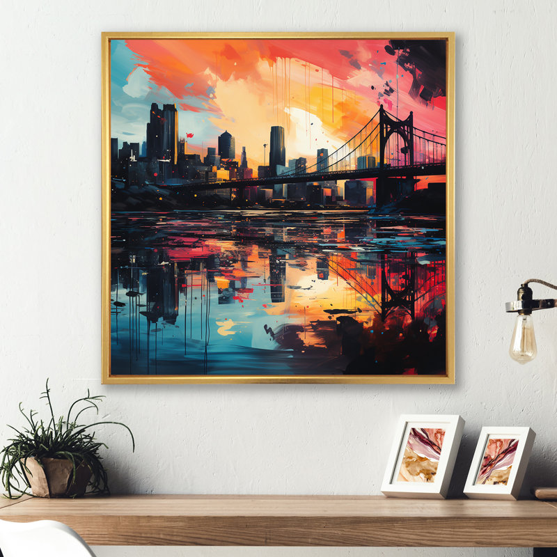 Paysage urbain coloré de Pittsburgh - art mural Pittsburgh, Cadre flottant doré, H 30 po x l 30 po x P 1,5 po