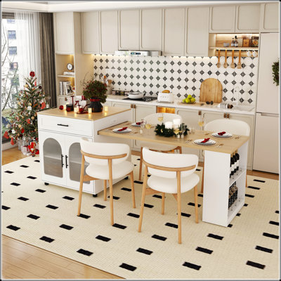 80-Inch Expandable Kitchen Island With Dining Table, Marble-Grain Countertop, Power Outlet, And Mobile Storage Cart