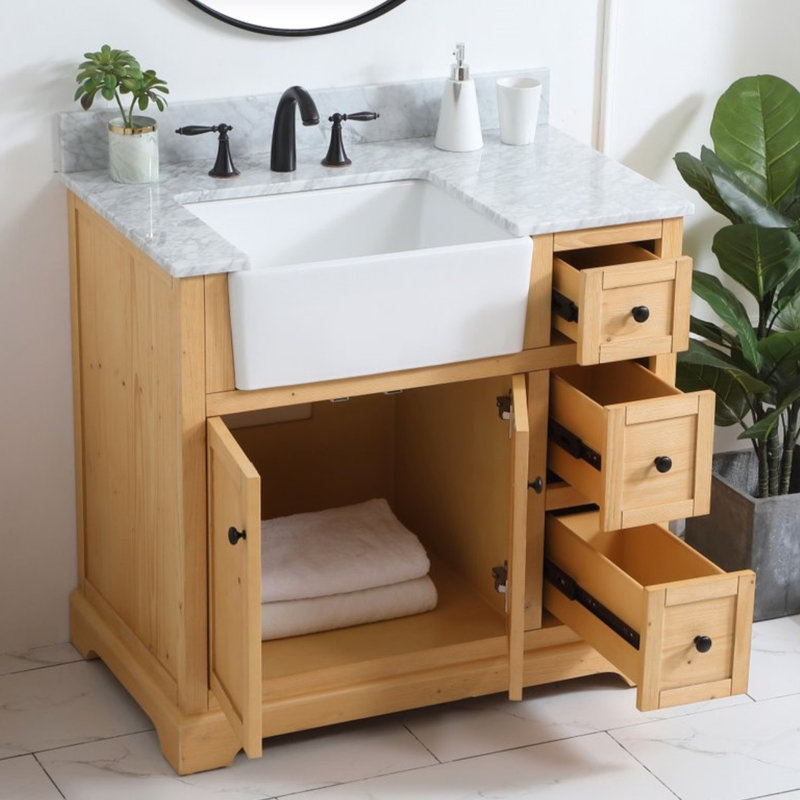 Pardue 36'' Single Bathroom Vanity with Marble Top, Natural Wood