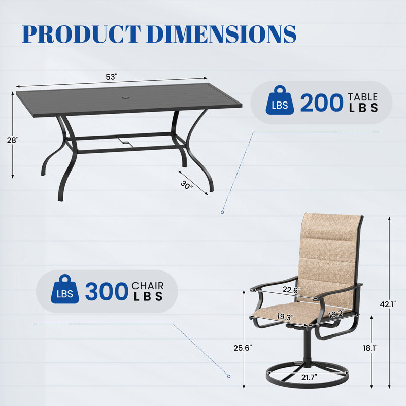 Ensemble de salle à manger 7 pièces pivotant pour l'extérieur, chaises de patio à cadre en métal rotatif à 360 ° avec tissu Teslin épaissi, chaises de salle à manger d'extérieur avec accoudoirs pour terrasse et cour arrière