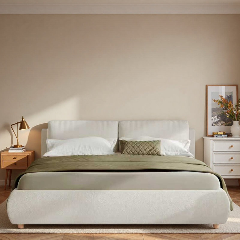 Lit plateforme tapissier avec 2 coussins amovibles et pieds en bois