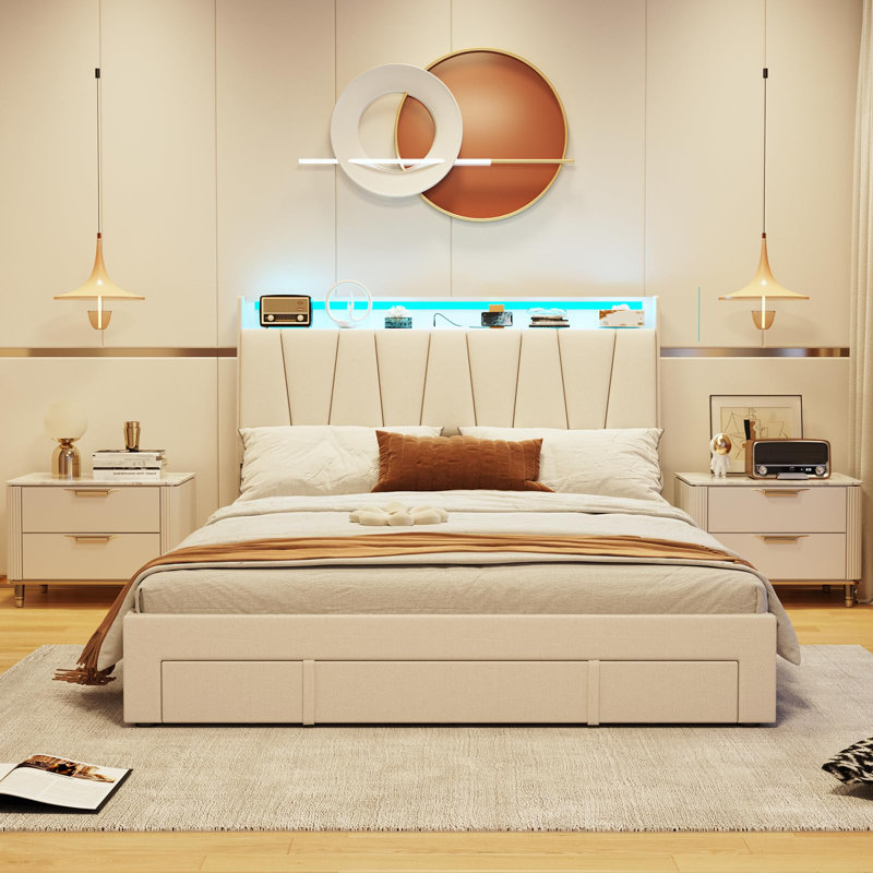 Sophialynn Upholstered Platform Bed, Queen, Beige
