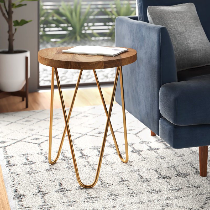 Table d'appoint ronde Mid-Century moderne en bois massif et métal Patrice, Naturel