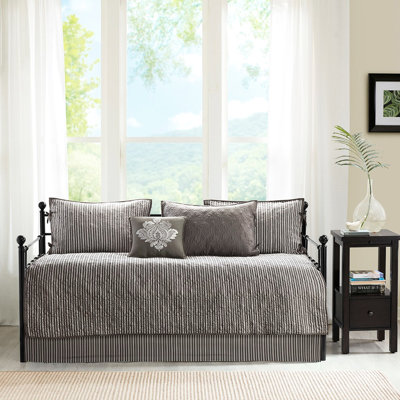Housse de lit de jour pour lit simple 6 pièces en gris foncé, réversible avec du coton, avec housse, taies décoratives, coussin décoratif, rembourrage en coton, convient au matelas, est livré