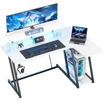 Gaming Table With LED Light, 120Cm Computer Table With Monitor Stand, L-Shaped Table With Headphone Hook