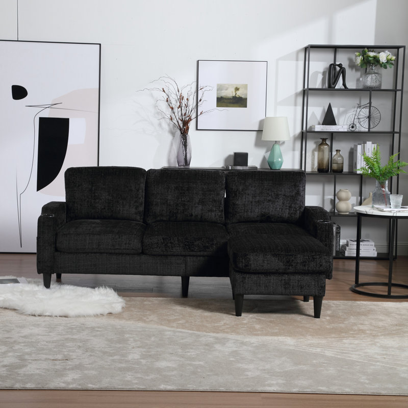Canapé modulaire en chenille Ardis, 3 avec rangement, meubles de salon confortables, 3 rangements et poches, Noir