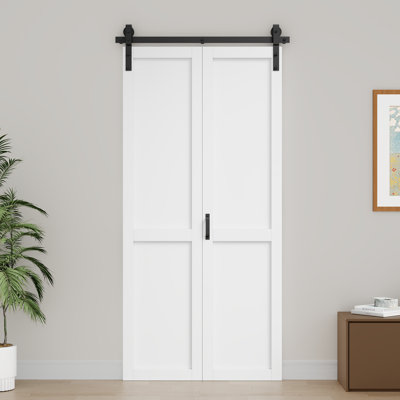 84''H Bifold Barn Door Solid Manufactured Wood White Primed Paneled Closet Pantry Doors with Hardware Kit