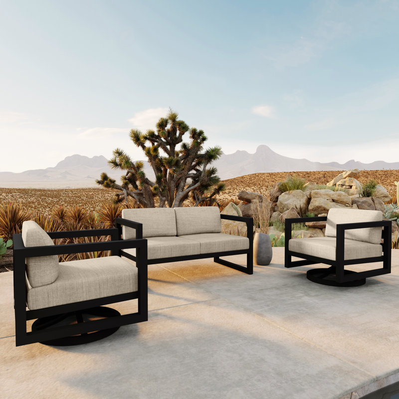 Avion 3 Piece Loveseat Set With Swivel, Slate, Canvas Flax Sunbrella® Canvas