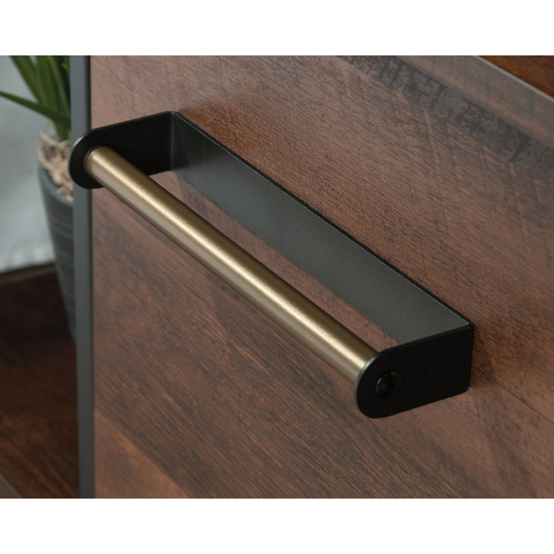Barrel Oak and Metal Frame Nightstand with Drawer