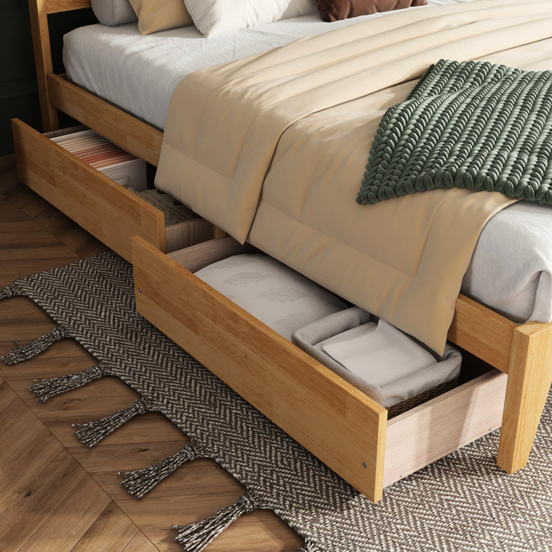 King Size Bed With Fascinating Woven Headboard And Two Practical Storage Units Drawers Functional, King, White Oak