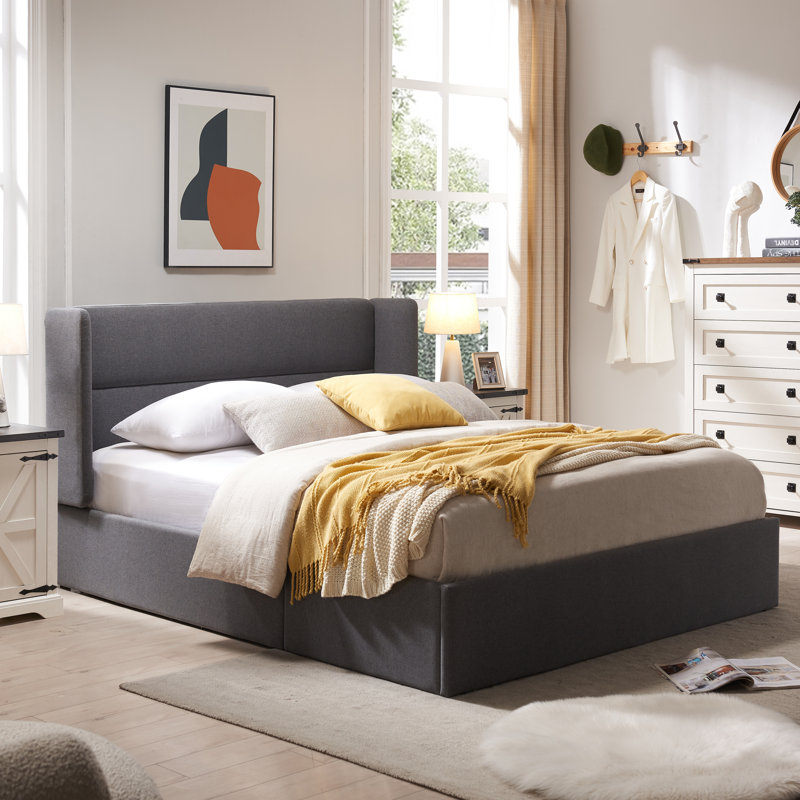 Lit plateforme tapissier avec rangement Gaillarde, Grand, Gris olive clair