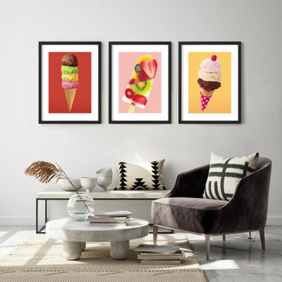 Framed Wall Art Collage Print Set, Fruit Ice Cream Cone Variety Food Citrus Photography Colorful Illustrations Decorative for Living Room, Bedroom, Office
