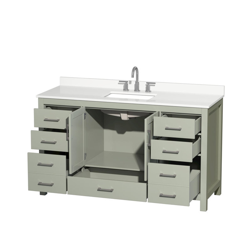 Sheffield 60" Freestanding Single Bathroom Vanity with Quartz Top, Green, Brushed Nickel, Giotto Quartz