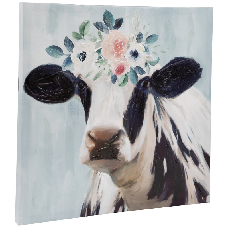 Black and White Cow with Floral Crown Canvas Wall Art