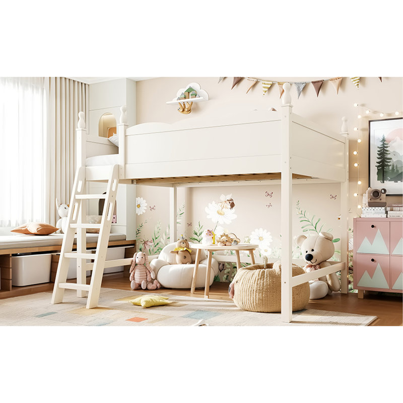 Lit mezzanine double avec garde-corps pleine longueur, lit mezzanine en bois massif avec échelles et vaste espace sous le lit, beige