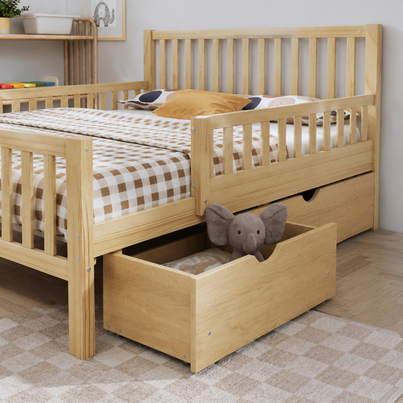 Lit plateforme double en bois pleine grandeur avec garde-corps double et 2 tiroirs de rangement, naturel, Full, Tan