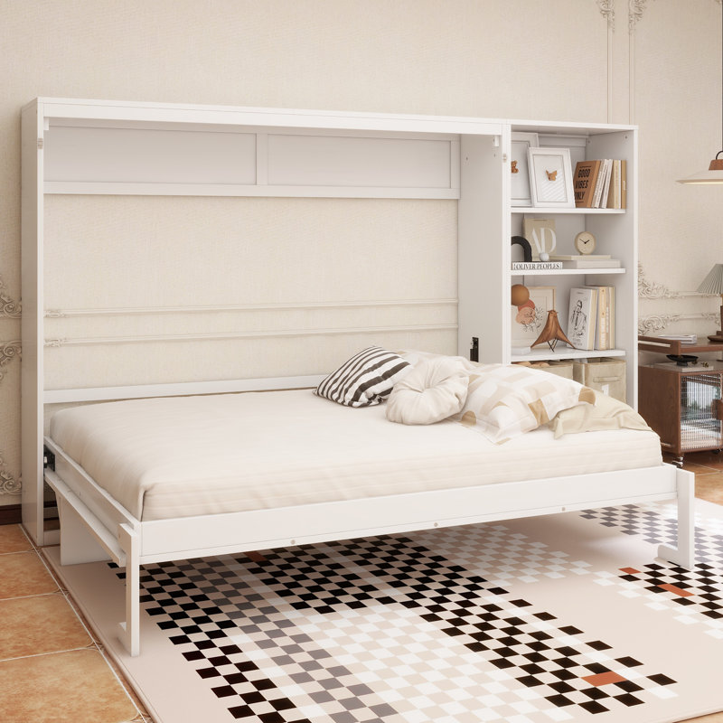 Grand lit escamotable avec compartiments de rangement et tablettes réglables en hauteur, cadre de lit mural avec 1 tiroir, lit plateforme pliable multifonctionnel pour petit espace, chambre à coucher, chambre d'amis, blanc