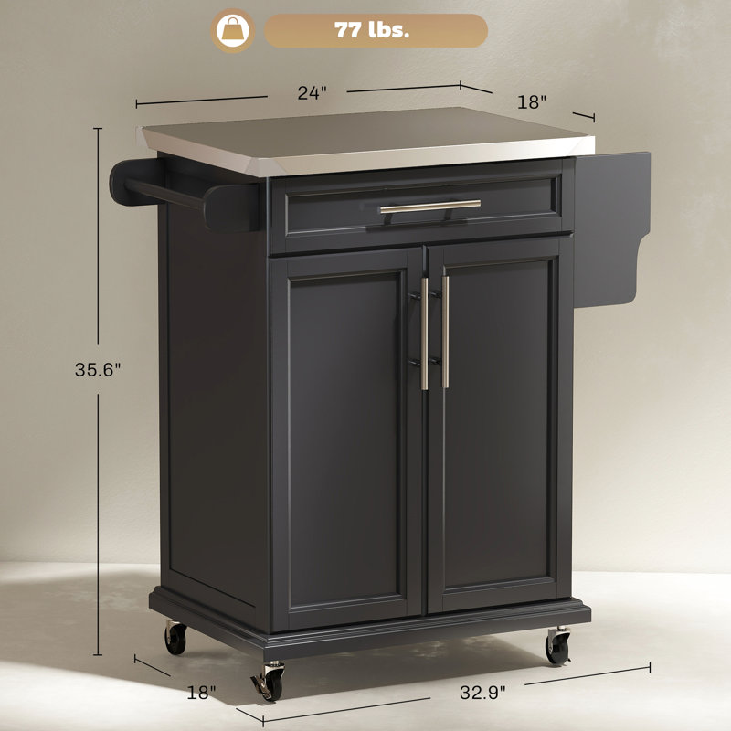 Chariot de cuisine à roulettes avec plateau en acier inoxydable, tiroir et placard pour ustensiles de cuisine et vaisselle, porte-serviettes, rangement pour épices - Gain de place, noir, 84 cm L x 46 cm l x 91 cm H, roulettes, idéal pour un comptoir ou un petit électroménager.