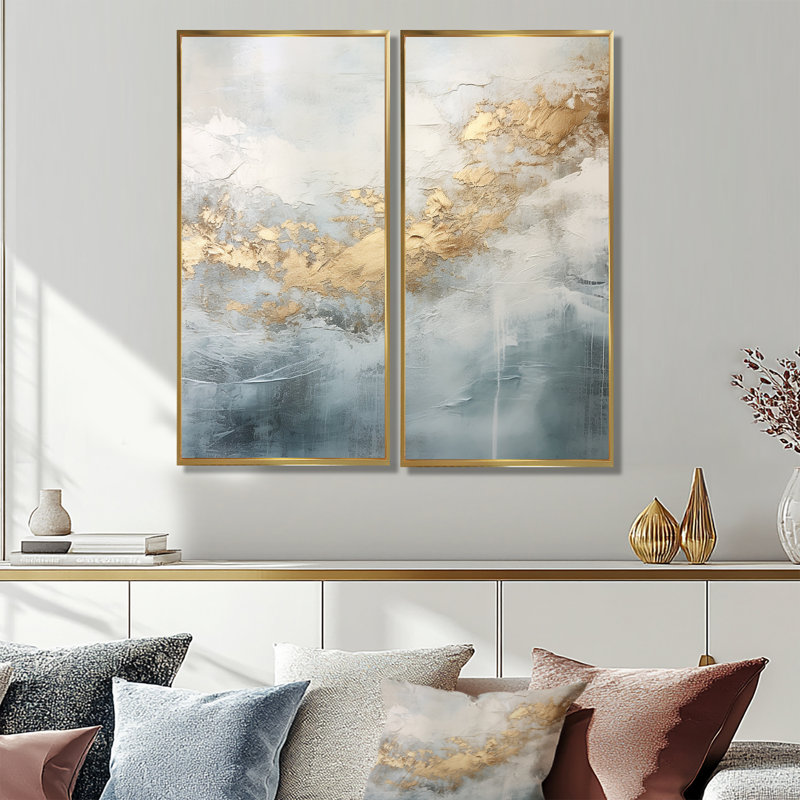 Beige bleu or océan tempête V - impressions sur toile dorées, H 20 po x l 24 po, Impression encadrée flottante, Doré