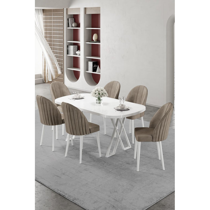 Ensemble de table et chaises de salle à manger (7 pièces), 7 pièces : table, 6 chaises, Cappuccino, Blanc