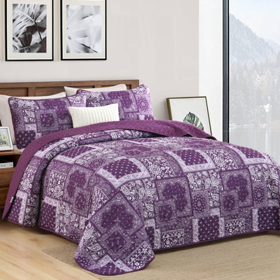 3-Piece Boho Patchwork Paisley Floral Quilt Set with Pillowcases Soft Microfiber Bedspread