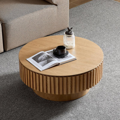 31.49'' Round Wood Coffee Table  With Storage For Living Room, Modern Handcraft Drum Coffee Table, Circle Wooden Coffee Table For Small Space Apartment ASH.
